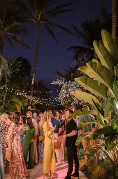 a group of people standing around each other in front of some palm trees at night