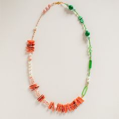 This 27" matinee necklace features an off-center green vintage acrylic oval, reflective of the colors and structures of the Duomo in Florence. Crafted from upcycled vintage beads. Dyed Coral Millefiori Glass Beads Freshwater Pearls Wood Beads Glass Beads Vintage German Acrylic Oval + 14K Gold Plated Spring Ring Clasp ⚡️ Each piece is handcrafted at my studio in Brooklyn. ⚡️ There may be slight variations in the beads due to their uniqueness / natural materials. Vintage Beaded Necklaces With Colorful Beads, Green Oval Beads Beaded Necklaces, Unique Green Beaded Necklace With Oval Beads, Green Necklaces With Oval Beaded Chain, Unique Green Single Strand Necklace, Retro Green Beaded Necklace For Gift, Handmade Retro Green Jewelry, Green Long Beaded Necklaces, Green Oval Beaded Chain Jewelry