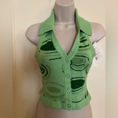 This Nwt Cool Green Halter Top With Its Oval Swirls In Shades Of Green Reminds Me Of A Dress I Sold From House Of Sunny. If You Are Interested, Scroll Through My Closet To Find "House Of Sunny "Lily Pads" Palm Green Knit Maxi Dress." See The Resemblance? This Halter Top Is Not By House Of Sunny, But It Is New With Tags Written With Chinese Characters. The Back Is Mostly Open, As You Can See In The Photo. There Are 4 Buttons Down The Front, So You You Don't Have To Worry About Stretching It Out W Green V-neck Y2k Tops, Retro Knit Tops For Summer, Retro Knit Tops For Spring, Retro Fitted Green Top, Fitted Green Knit Top, Vintage Green Knit Tops, Tmnt Inspired Outfits, Collared Halter Top, 80's Clothes