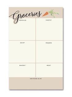 a grocery list with carrots and herbs on the top, in black ink that says groceries