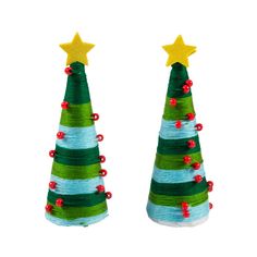 two green and blue christmas trees with red berries on the bottom one has a yellow star