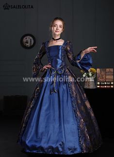 Medieval Renaissance Blue Floral Gothic Victorian Dress for Women     Condition: Brand New   Color:  Blue   Material: Brocade   Sleeve Length: Long Sleeve   Dresses Length:Floor-Length   Neckline:  Square Collar   Decoration: Ruffles + Lace + Bow   Package Includes: Dress            Whether you're looking for a Vintage Revolutionary,Regency,Early Victorian,Pioneer Women,Old West,Civil War Era,Polonaise Sets,Victorian Era,Edwardian, Bustle Dresses Clothing or Historical Pe Blue Long Sleeve Ball Gown For Banquet, Royal Blue Gown For Banquet, Blue Medieval Dress With Long Sleeves, Royal Long Sleeve Costume Dresses, Blue Fitted Medieval Dress With Long Sleeves, Blue Ball Gown For Fancy Dress, Blue Floor-length Dress For Fancy Dress, Fitted Blue Victorian Dress With Long Sleeves, Fitted Long Sleeve Victorian Dress In Blue