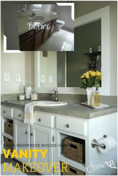 the before and after pictures of a bathroom vanity makeover with white cabinets, gray counter tops, and yellow flowers