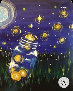 an acrylic painting of a mason jar with stars and moon in the sky