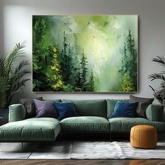 a living room with a large painting on the wall and green couches in front of it