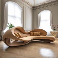 an unusual couch sits in the middle of a room with two large windows and wooden flooring