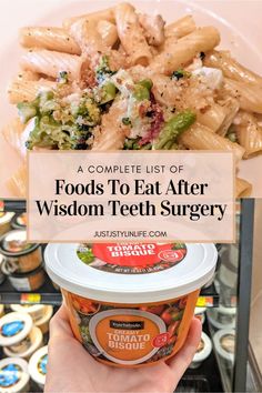 a person holding up a bowl of food with the words, foods to eat after wisdom teeth surgery