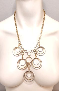 VINTAGE STATEMENT NECKLACE GOLD SILVER CIRCLE LINK RINGS CHAIN Elegant Round Necklaces With Metal Ring, Round Metal Necklaces With Metal Ring, Gold Chain Link Jewelry With Metal Ring, Gold Chain Metal Necklace, Gold Metal Chain Necklace Costume Jewelry, Gold Metal Jewelry With Chain Strap, Metal Circle Chain Necklace With Adjustable Chain, Metal Circular Chain Jewelry, Circular Metal Chain Jewelry