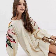 Nwt. Size Xs. Beautiful Embroidery. Summer Long Sleeve Dress With Multicolor Embroidery, Spring Multicolor Embroidered Long Sleeve Dress, Spring Long Sleeve Dress With Multicolor Embroidery, Long Sleeve Embroidered Dress With Multicolor Embroidery For Summer, Long Sleeve Multicolor Embroidered Dress For Summer, Embroidered Long Sleeve Mini Dress For Summer, Long Sleeve Embroidered Dress For Summer, Beige Long Sleeve Embroidered Dress For Spring, Long Sleeve Embroidered Dress For Brunch