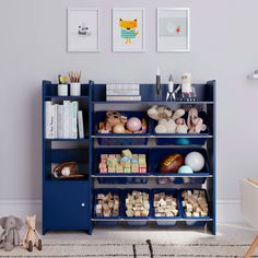 a child's room with blue shelves and toys