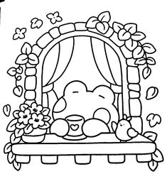 a coloring page with an image of a cartoon character sitting on a bench surrounded by flowers and butterflies