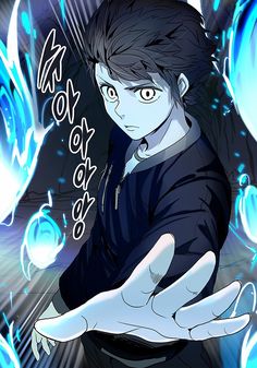 an anime character is holding his hand out in front of the camera, with blue lights behind him