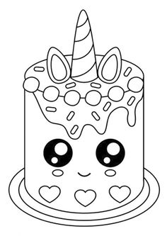 a birthday cake with an unicorn horn on top and hearts around the edges, outlined in black and white