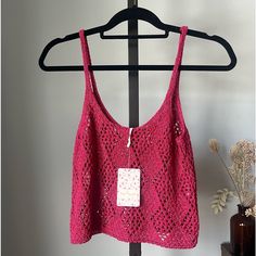 Perfect Condition Never Worn Perfect For Summer Casual Seamless Knit Top For Beach, Pink Open Knit Top, Pink Pointelle Knit Crochet Top For Summer, Trendy Pink Knit Crochet Top, Trendy Pink Crochet Knit Top, Casual One Size Knitted Tops, One Size Casual Knitted Tops, Casual Pink Knit Top For Vacation, Casual Pink Knit Crop Top