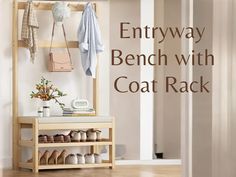 an entryway bench with coat rack and shoes