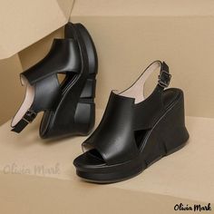 Olivia Mark - Premium Genuine Leather Peep Toe Platform High Heels with Buckle Strap, Minimalist Design Wedge Sandals Elegant High Heels, Fabric Shoes, Casual Running Shoes, Black Wedge Sandals, Peep Toe Sandals, Platform High Heels, Buckle Sandals, Pointed Toe Heels, Pointed Toe Flats