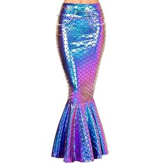 a woman wearing a purple and blue mermaid tail skirt with sequins on the bottom