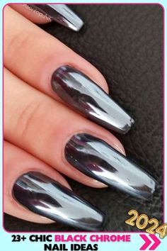 Elegant long black chrome coffin nails with a high-gloss, mirror-like finish. These bold, beautiful nails are perfect for a dramatic statement. Ideal black chrome nails for special occasions or standout looks. Chrome Nails Silver, Ombre Chrome Nails, Gold Chrome Nails