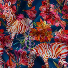 an image of zebras and flowers on a blue background that is made up of many different colors