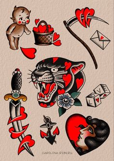 an old school tattoo design with hearts and cats