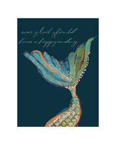 a card with an image of a mermaid in blue and green, on a black background