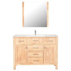 a bathroom vanity with a mirror above it and drawers under the sink, on a white background