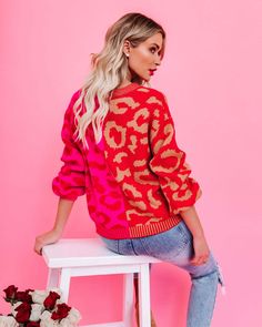 Leopard Print V-Neck Cardigan - Orange,S Hot Pink Print, Leopard Cardigan, Leopard Print Cardigan, Mini Necklace, Style Upgrade, Printed Cardigan, Cardigan Sweaters For Women, V Neck Cardigan, High Rise Denim