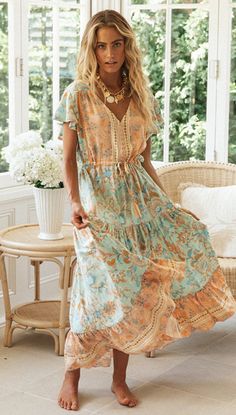 Flaunt your style in our V-Neck Short Sleeves Floral Print Pleated Lace-Up Maxi Dress. With charming floral prints, short sleeves, and a flattering v-neckline, this dress is both chic and comfortable. The lace-up detail adds a touch of flair, making it perfect for any occasion. Off Shoulder Casual Dress, Floor Length Maxi Dress, Boho Midi Dress, Prom Midi Dress, Boho Mini Dress, Long Romper, Maxi Dress Prom, Beach Maxi Dress, Boho Maxi