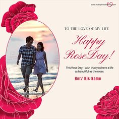 a happy rose day card with a couple walking on the beach in front of a pink flower