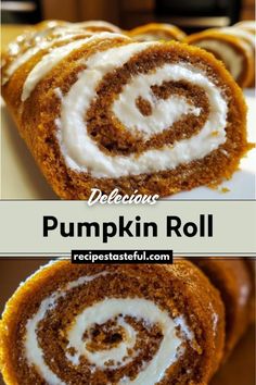 pumpkin roll with cream cheese frosting on top and cinnamon swirl in the middle, cut into pieces