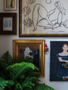 some paintings are hanging on the wall next to a potted plant and a fern