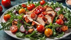 a white plate topped with meat and veggies on top of a blue table