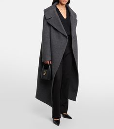 Oversized wool-blend felt wrap coat in grey - Toteme | Mytheresa Gray Wool Coat, Wrap Coat, Wool Blend Coat, Long Coat, Black Coat, Wool Coat, Wool Blend, Color Design, Top Brands