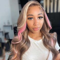 Pink Highlights In Brown Hair, Custom Color Wigs, Blonde Skunk Stripe, 18th Birthday Hairstyles, Brown Hair Wigs, Balayage On Brown Hair, Highlights In Brown Hair, Pink Balayage, Loose Body Wave