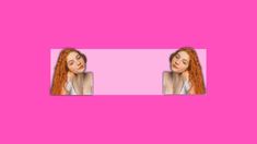 a girl with long red hair is looking at her reflection in a pink square frame