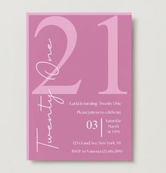 a pink 21st birthday party card with the number twenty one