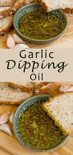 garlic dipping oil in a bowl with bread on the side