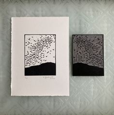 two black and white paintings with birds flying in the sky