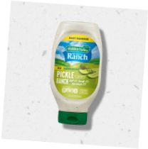 a bottle of ranch pickle juice on a white surface