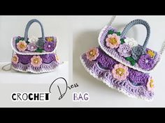 crochet purse with flowers on the front and side