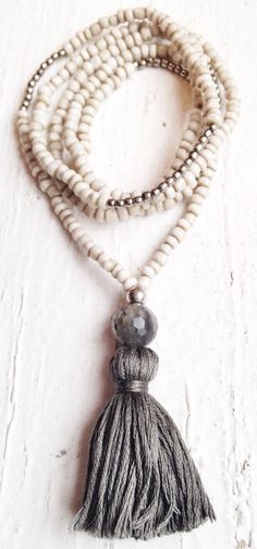 Image of Love Bead Necklace - Soft Cream Seed Beads, Labradorite, Steel Grey Tassel Hippie Designs, Beaded Jewellery, Steel Grey