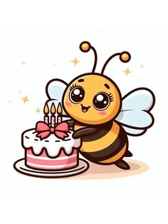 a cartoon bee holding a birthday cake with candles