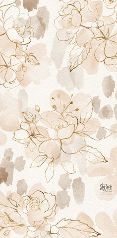 watercolor painting of flowers and leaves on white paper with gold foil paint strokers