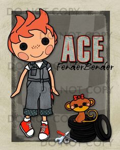 a boy with red hair standing next to a tire and a monkey on the ground