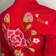 Vintage Johnny Was Jacket Embroidered Red Outerwear For Spring, Red Embroidered Outerwear For Spring, Red Outerwear With Floral Embroidery For Spring, Spring Red Outerwear With Floral Embroidery, Spring Floral Embroidered Red Outerwear, Red Floral Embroidered Outerwear For Spring, Red Floral Embroidered Outerwear, Fitted Red Outerwear With Floral Embroidery, Coats Vintage