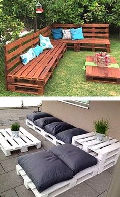 the before and after pictures show how to make an outdoor seating area out of pallets