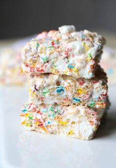 marshmallow fluff rice krispies treats are stacked on top of each other