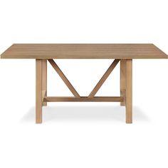 a wooden table with two crossed legs on the top and bottom, against a white background