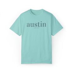 Introducing our Austin Texas Comfort Colors Tee, the perfect minimalist Austin destination t-shirt for all those city explorers out there! Crafted using high-quality fabric, this t-shirt guarantees utter comfort and breathability all day long. With its sleek and simple design, it effortlessly captures the essence of Austin's vibrant spirit. Whether you're a local or a traveler, this Austin Texas Comfort Colors Tee is the ideal addition to your wardrobe, allowing you to showcase your love for Aus Blue Text Print T-shirt For Everyday Wear, Comfort Colors Tshirt, Comfort Colors Tee, Austin Texas, Dye T Shirt, Simple Design, Comfort Colors, Simple Designs, Quality Fabric