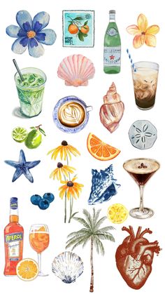 an image of various items that are in the shape of flowers and drinks on a white background